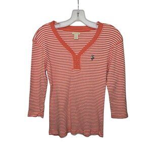 U.S. Polo Assn Y2K Orange White Striped V-Neck Henley Top 3/4 Sleeve Size S
